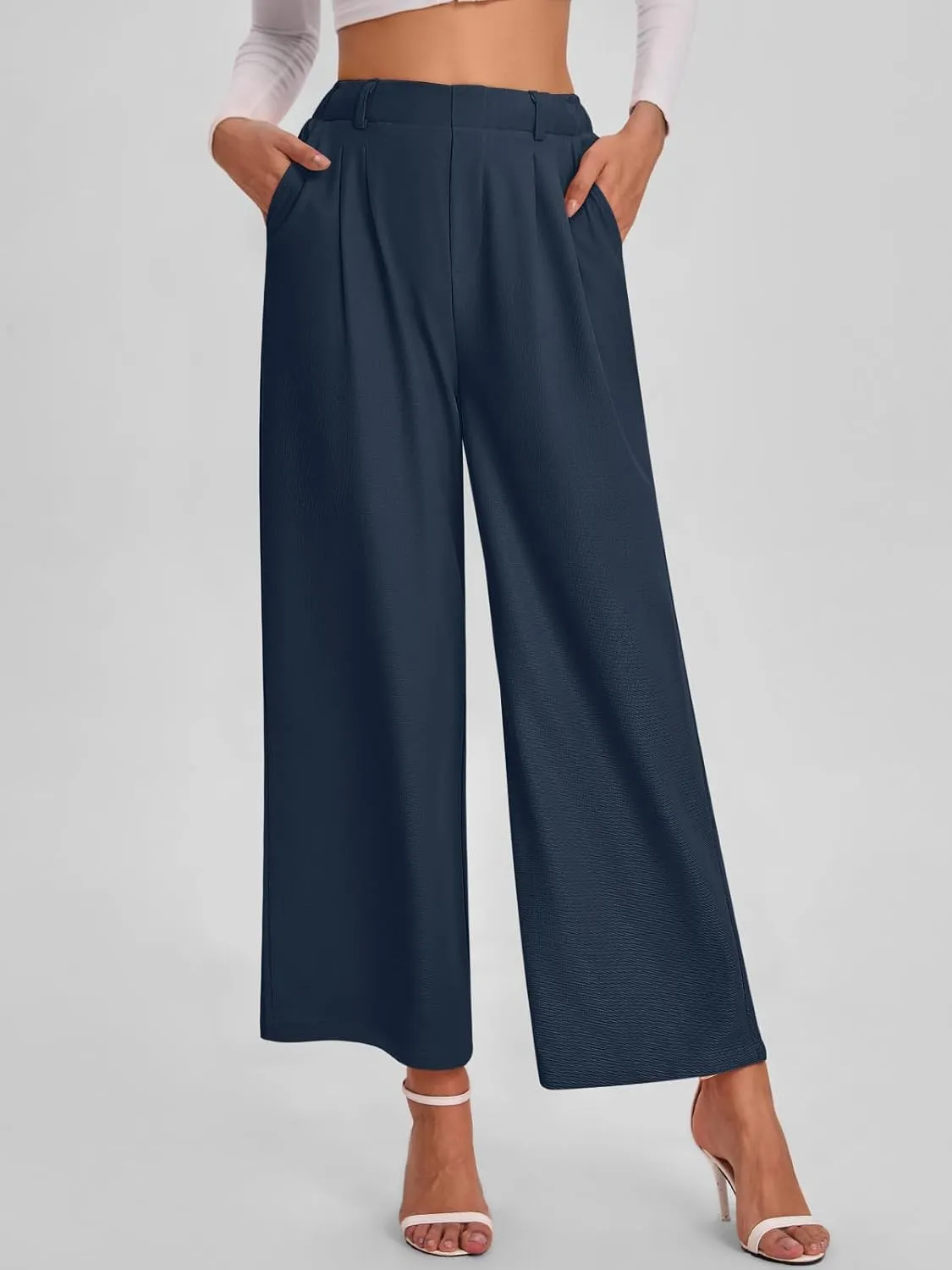 Bloggerlove Womens Casual Business Work Pants Fall Waffle High Waist Dress Pant Wide Leg Straight Trousers with Pockets 2024