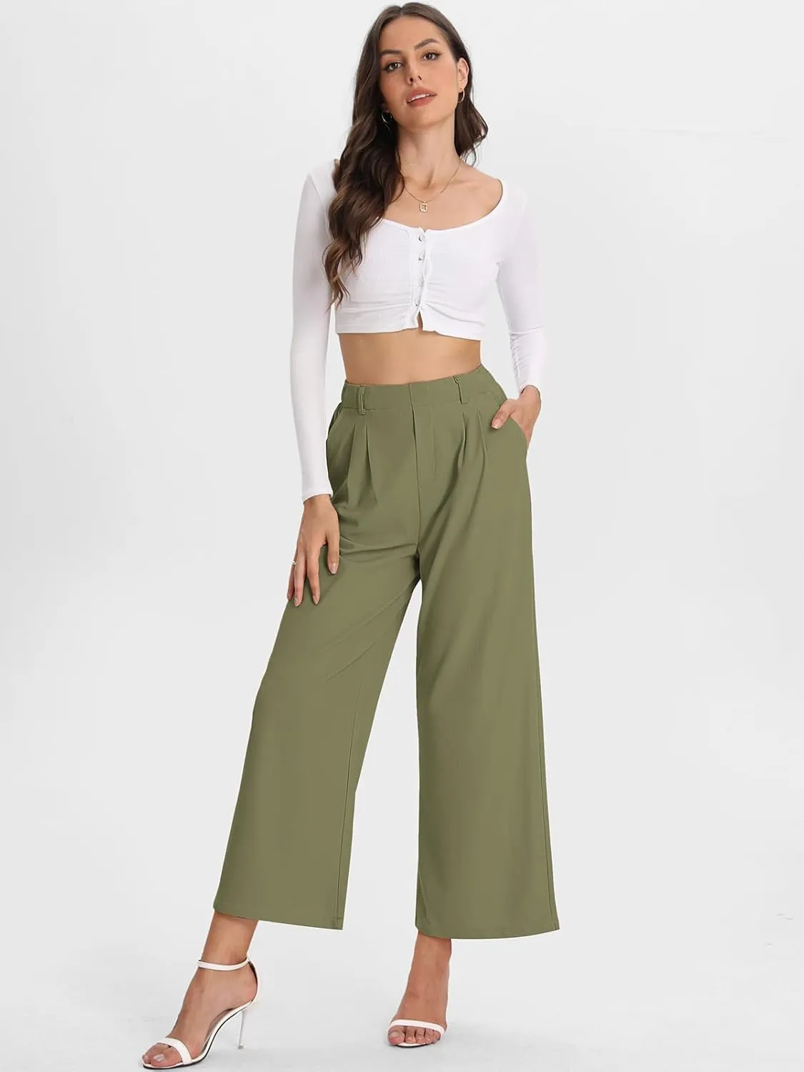 Bloggerlove Womens Casual Business Work Pants Fall Waffle High Waist Dress Pant Wide Leg Straight Trousers with Pockets 2024