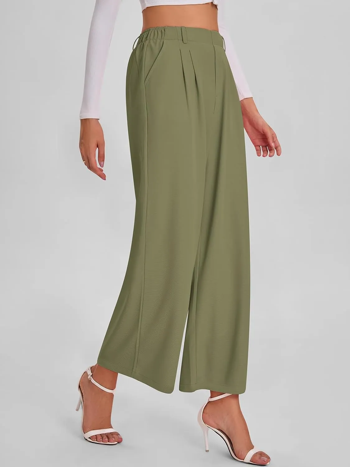 Bloggerlove Womens Casual Business Work Pants Fall Waffle High Waist Dress Pant Wide Leg Straight Trousers with Pockets 2024