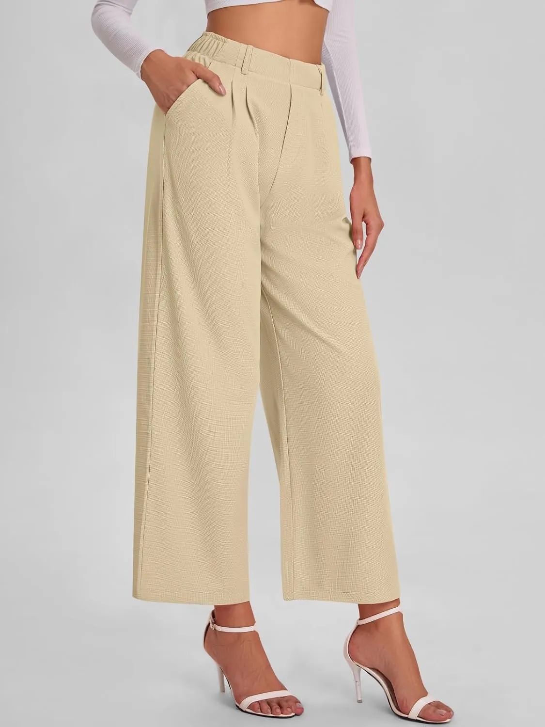 Bloggerlove Womens Casual Business Work Pants Fall Waffle High Waist Dress Pant Wide Leg Straight Trousers with Pockets 2024