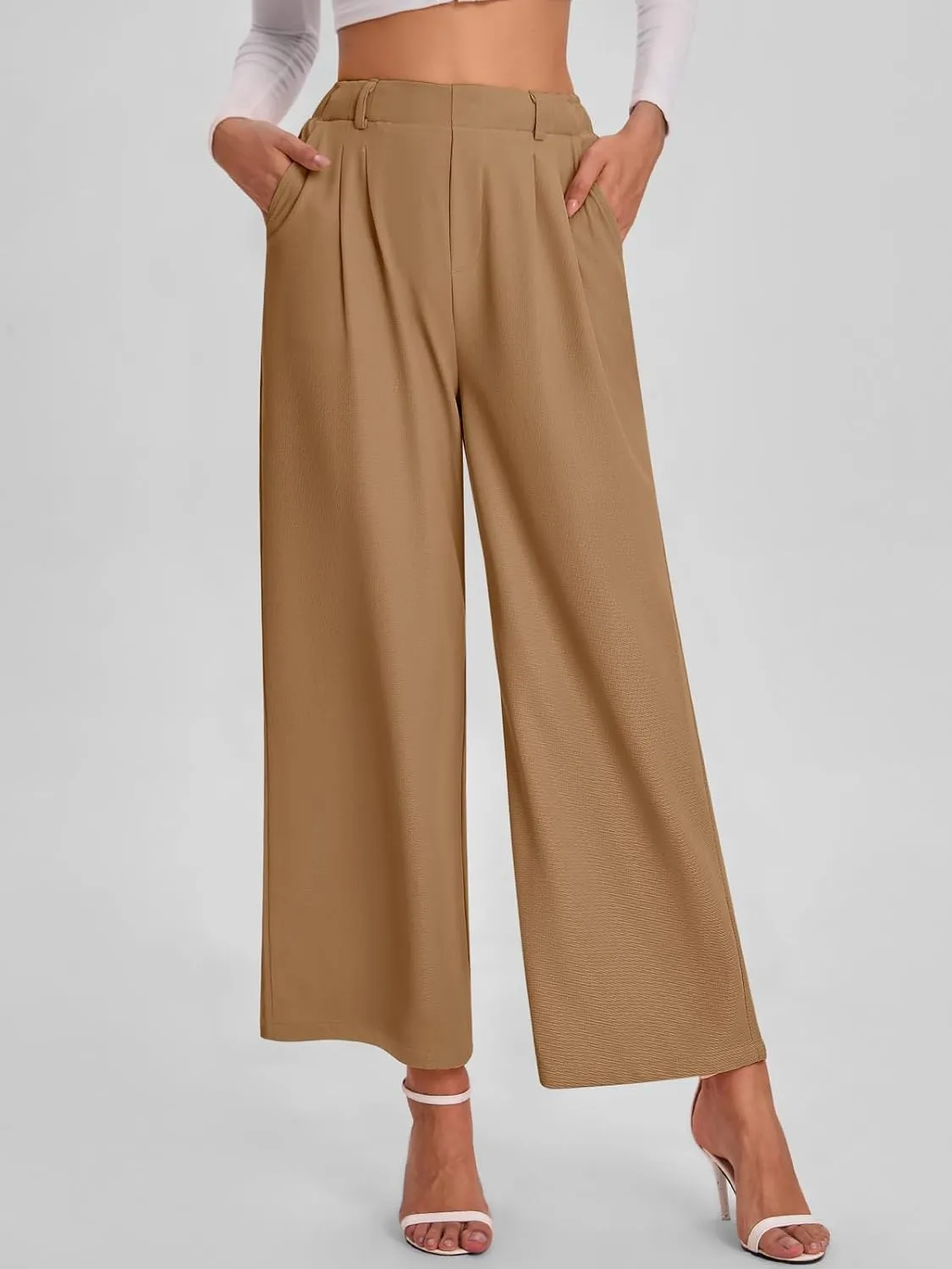 Bloggerlove Womens Casual Business Work Pants Fall Waffle High Waist Dress Pant Wide Leg Straight Trousers with Pockets 2024