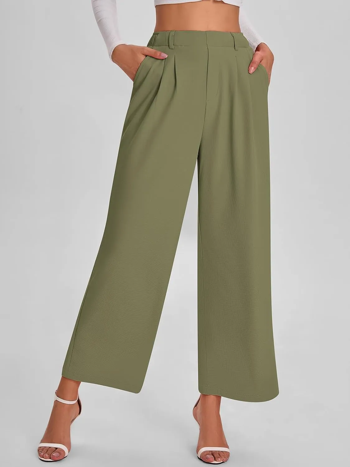 Bloggerlove Womens Casual Business Work Pants Fall Waffle High Waist Dress Pant Wide Leg Straight Trousers with Pockets 2024
