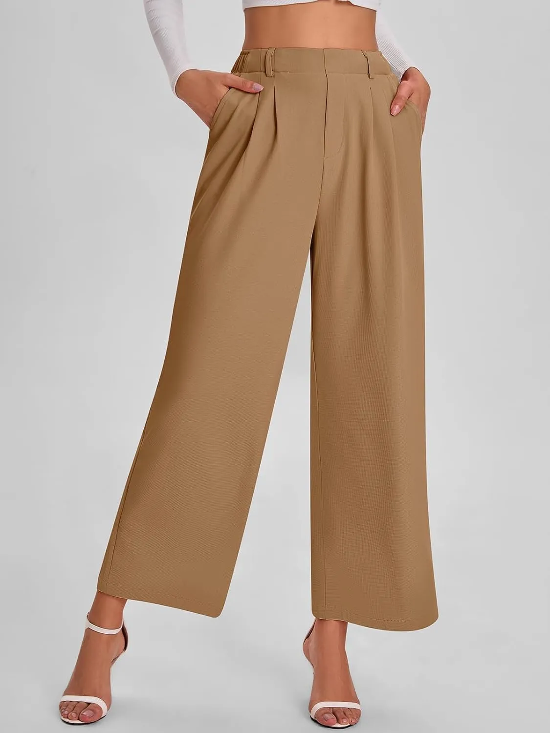 Bloggerlove Womens Casual Business Work Pants Fall Waffle High Waist Dress Pant Wide Leg Straight Trousers with Pockets 2024