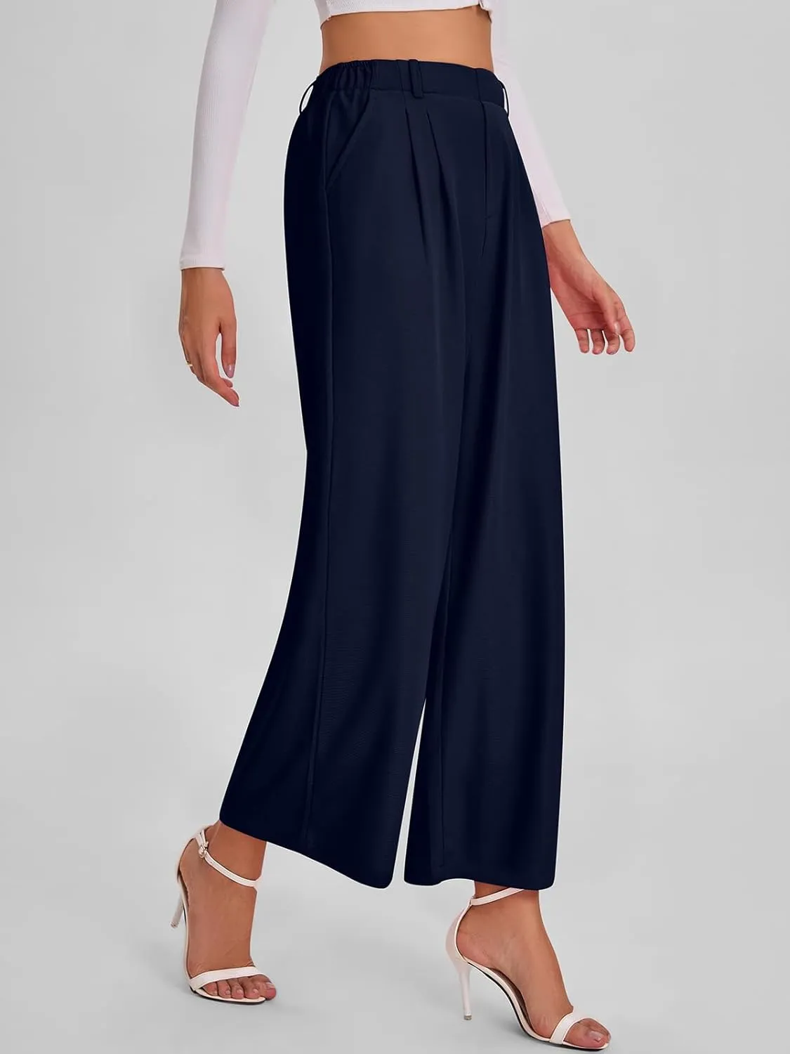 Bloggerlove Womens Casual Business Work Pants Fall Waffle High Waist Dress Pant Wide Leg Straight Trousers with Pockets 2024