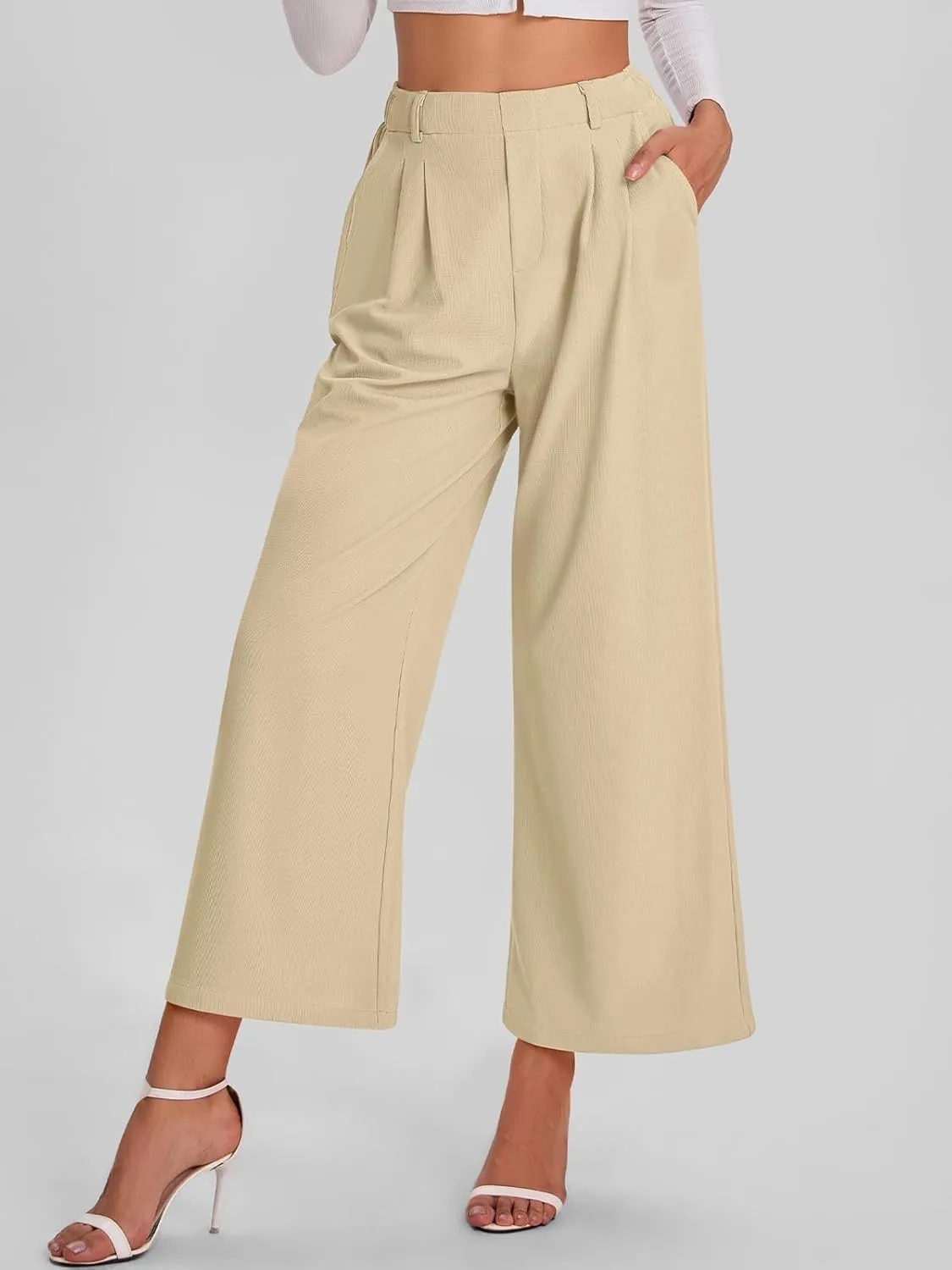 Bloggerlove Womens Casual Business Work Pants Fall Waffle High Waist Dress Pant Wide Leg Straight Trousers with Pockets 2024