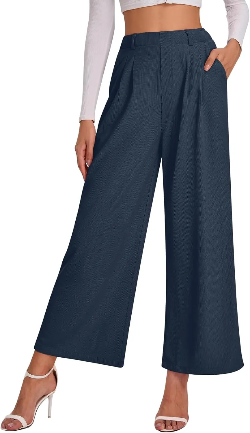 Bloggerlove Womens Casual Business Work Pants Fall Waffle High Waist Dress Pant Wide Leg Straight Trousers with Pockets 2024