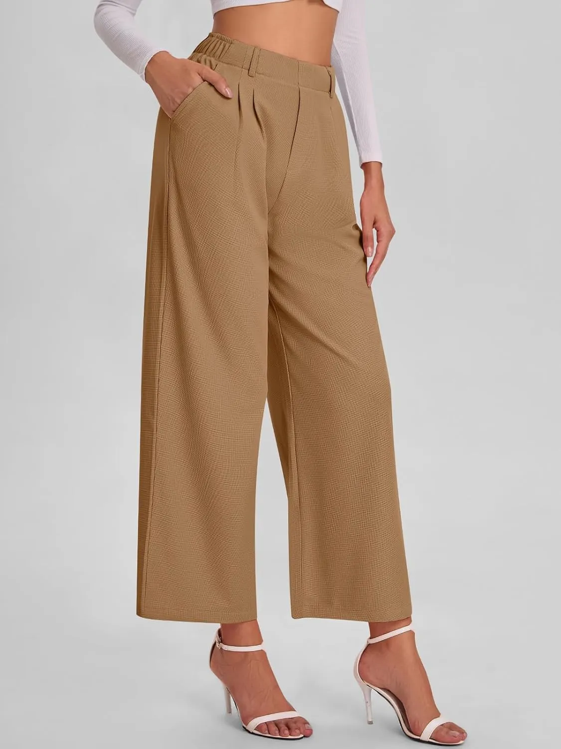 Bloggerlove Womens Casual Business Work Pants Fall Waffle High Waist Dress Pant Wide Leg Straight Trousers with Pockets 2024