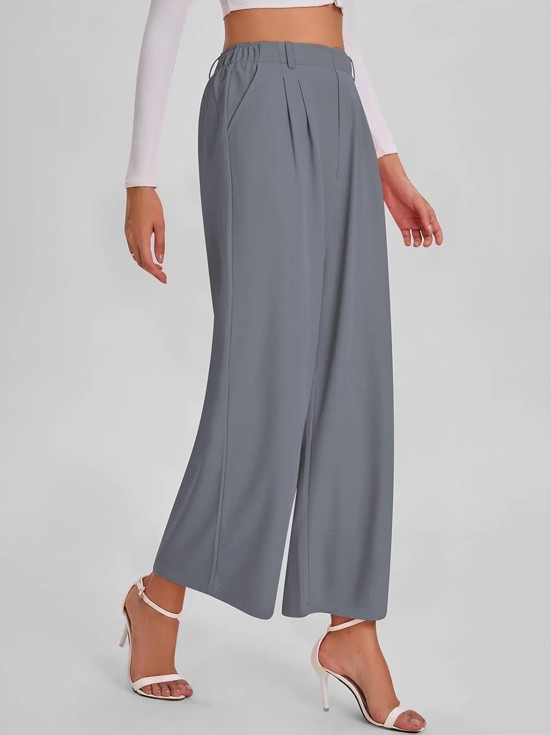 Bloggerlove Womens Casual Business Work Pants Fall Waffle High Waist Dress Pant Wide Leg Straight Trousers with Pockets 2024