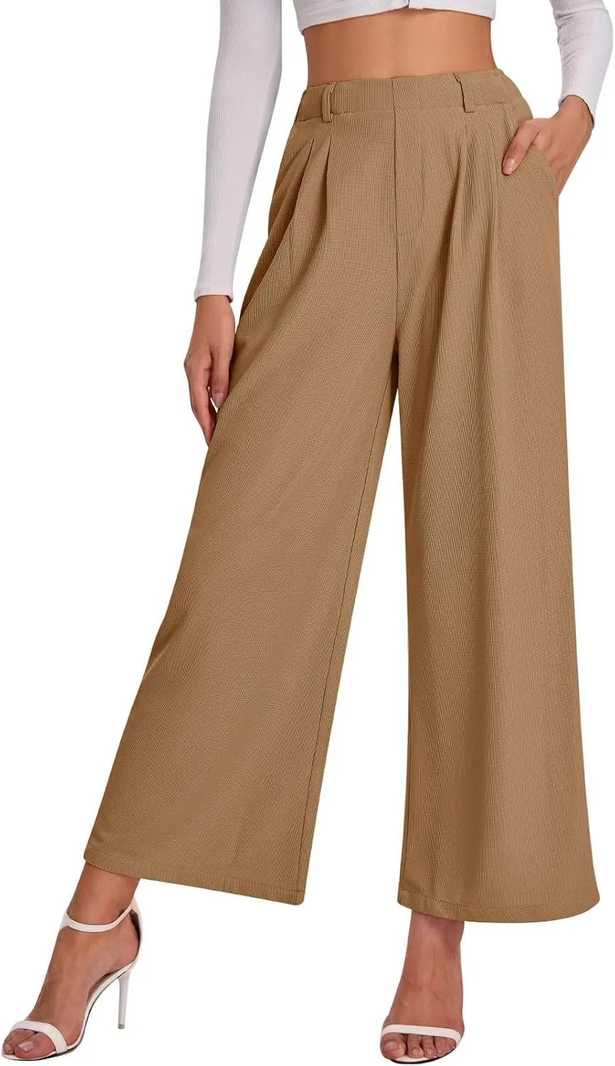 Bloggerlove Womens Casual Business Work Pants Fall Waffle High Waist Dress Pant Wide Leg Straight Trousers with Pockets 2024