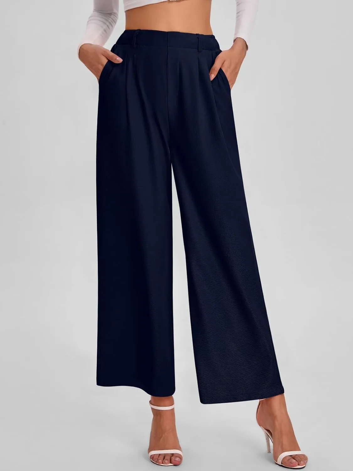Bloggerlove Womens Casual Business Work Pants Fall Waffle High Waist Dress Pant Wide Leg Straight Trousers with Pockets 2024