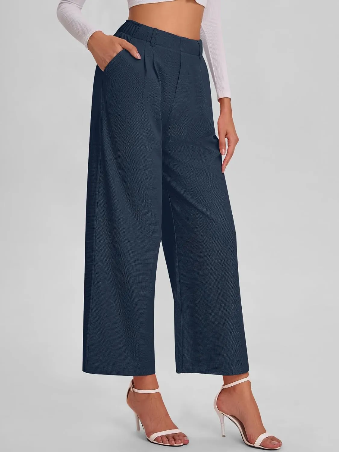 Bloggerlove Womens Casual Business Work Pants Fall Waffle High Waist Dress Pant Wide Leg Straight Trousers with Pockets 2024