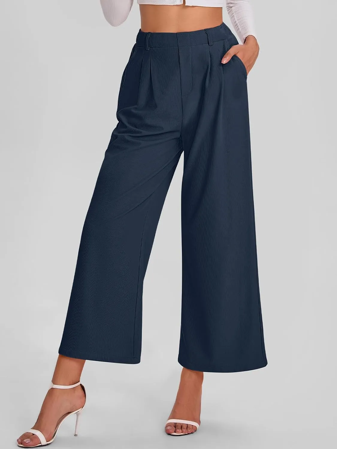 Bloggerlove Womens Casual Business Work Pants Fall Waffle High Waist Dress Pant Wide Leg Straight Trousers with Pockets 2024