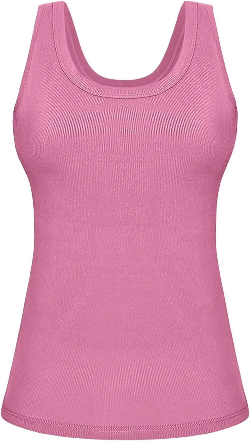 Camisole Tops for Women with Built in Bra Summer Casual Sleeveless Wide Strap Yoga Cami Quick Dry Workout Padded Top