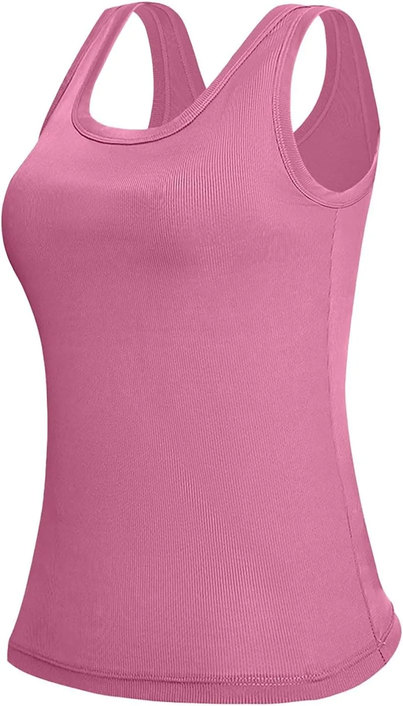 Camisole Tops for Women with Built in Bra Summer Casual Sleeveless Wide Strap Yoga Cami Quick Dry Workout Padded Top