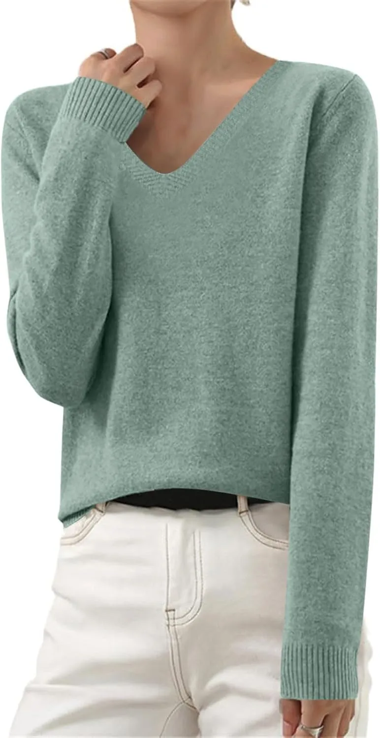Cashmere Sweaters for Women Long Sleeve V Neck Pullover Tops Loose Soft Cozy Sweater Warm Wool Knit Sweater Shirts
