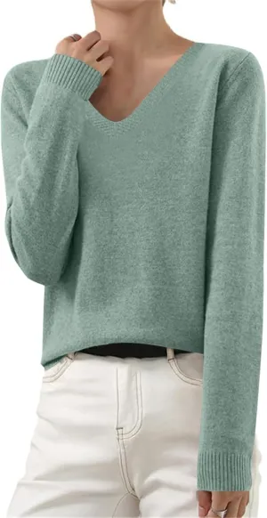 Cashmere Sweaters for Women Long Sleeve V Neck Pullover Tops Loose Soft Cozy Sweater Warm Wool Knit Sweater Shirts