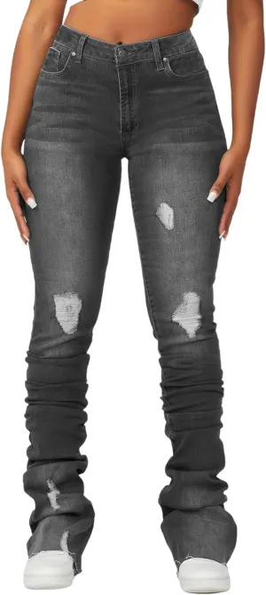 Conshvi Womens Stacked Jeans High Waisted Ripped Stretchy Flare Skinny Denim Pants Trousers
