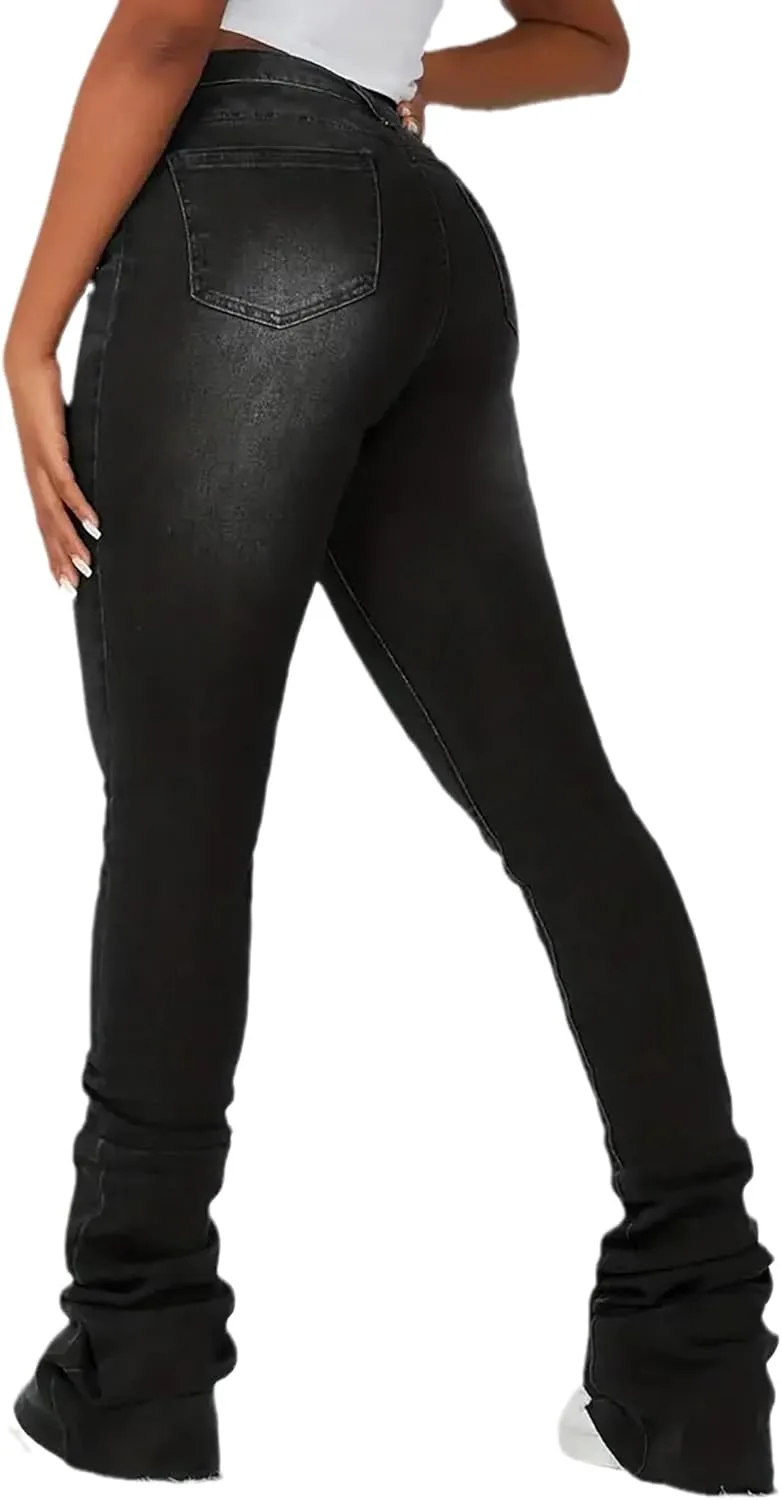 Conshvi Womens Stacked Jeans High Waisted Ripped Stretchy Flare Skinny Denim Pants Trousers