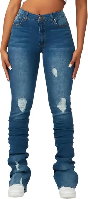 Conshvi Womens Stacked Jeans High Waisted Ripped Stretchy Flare Skinny Denim Pants Trousers