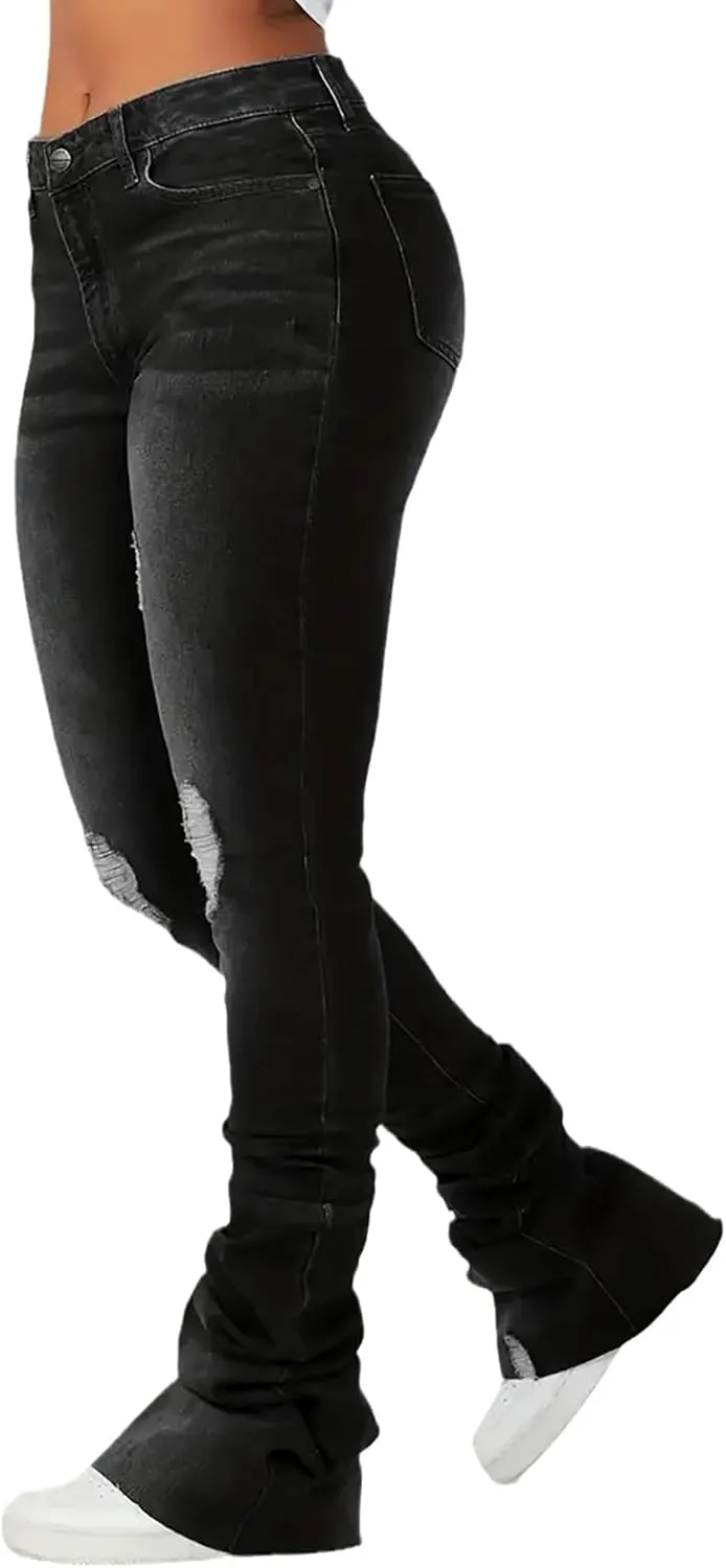 Conshvi Womens Stacked Jeans High Waisted Ripped Stretchy Flare Skinny Denim Pants Trousers