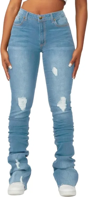 Conshvi Womens Stacked Jeans High Waisted Ripped Stretchy Flare Skinny Denim Pants Trousers