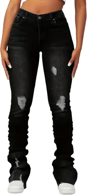 Conshvi Womens Stacked Jeans High Waisted Ripped Stretchy Flare Skinny Denim Pants Trousers
