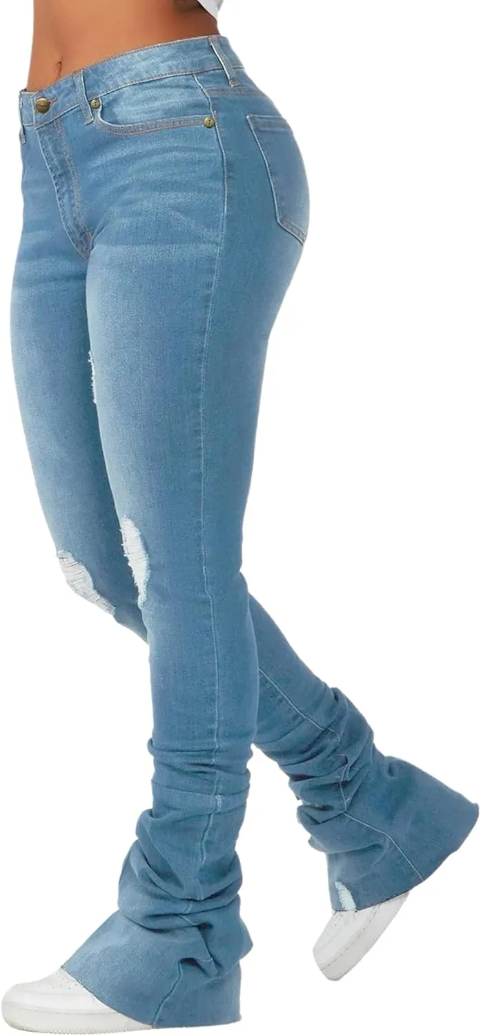 Conshvi Womens Stacked Jeans High Waisted Ripped Stretchy Flare Skinny Denim Pants Trousers