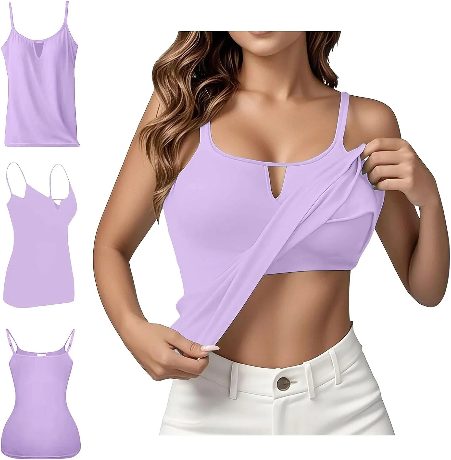 Cotton Camisole Tops for Women Casual Built in Bra Sleeveless Tank Top Spaghetti Strap Basic Active Cami Undershirts