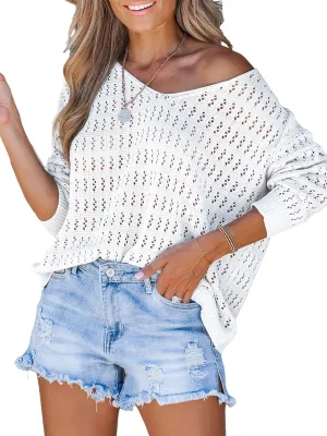 CUPSHE Women's Crochet Sweater V Neck Long Sleeve Casual Lightweight Pullover Sweater Tops