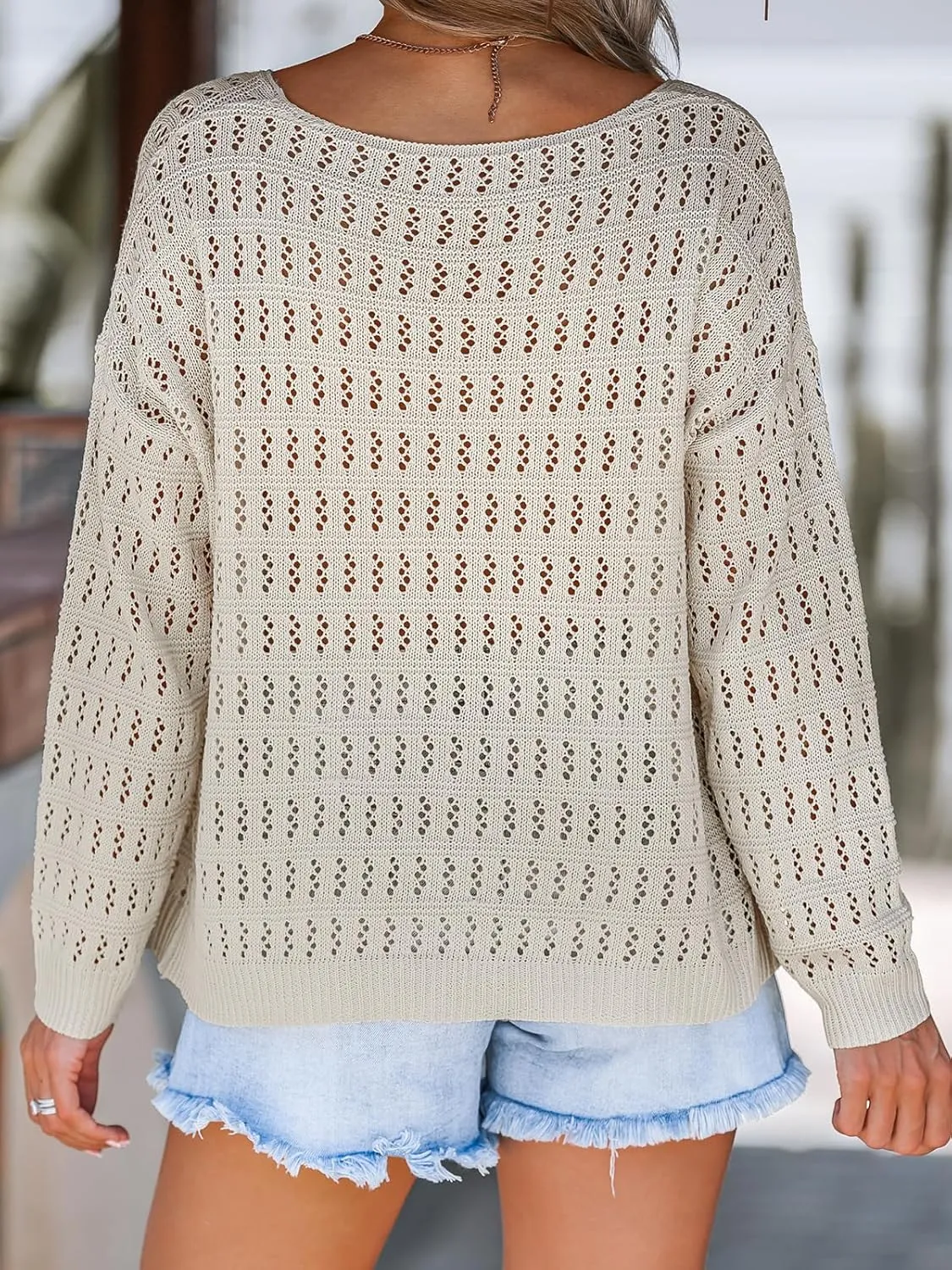 CUPSHE Women's Crochet Sweater V Neck Long Sleeve Casual Lightweight Pullover Sweater Tops