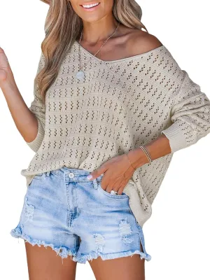 CUPSHE Women's Crochet Sweater V Neck Long Sleeve Casual Lightweight Pullover Sweater Tops