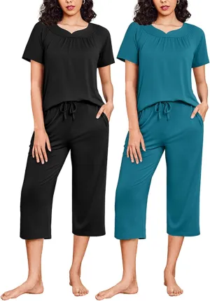 Ekouaer 2 Pack Capri Pajamas Set Women Mumu Pjs Sets Short Sleeve Top and Capri Pants Lounge Sets Sleepwear with Pockets