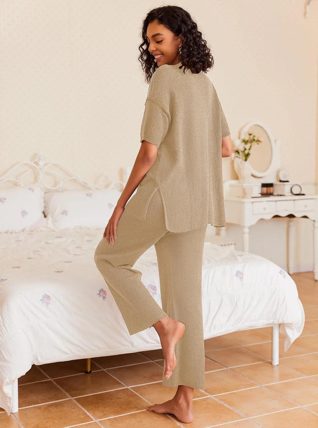 Ekouaer Lounge Sets for Women 2 Piece Pullover Sweater Set Knit Tops Wide Leg Pants Sweatsuits Casual Travel Outfits, S-XXL