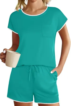 Ekouaer Pajama Sets for Womens 2 Piece Lounge Sets Short Sleeve Tops and Shorts Comfy Pjs Sleepwear S-XXL