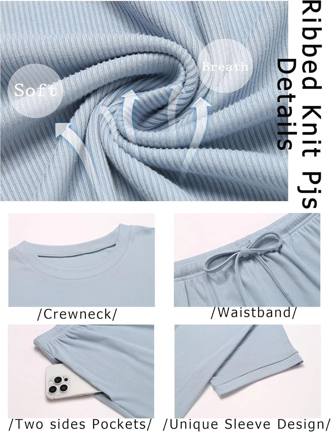 Ekouaer Pajamas Set 2 Piece Ribbed Knit Pjs Short Sleeve Tops and Shorts Sleepwear Summer Pajama Soft Lounge Sets S-XXL