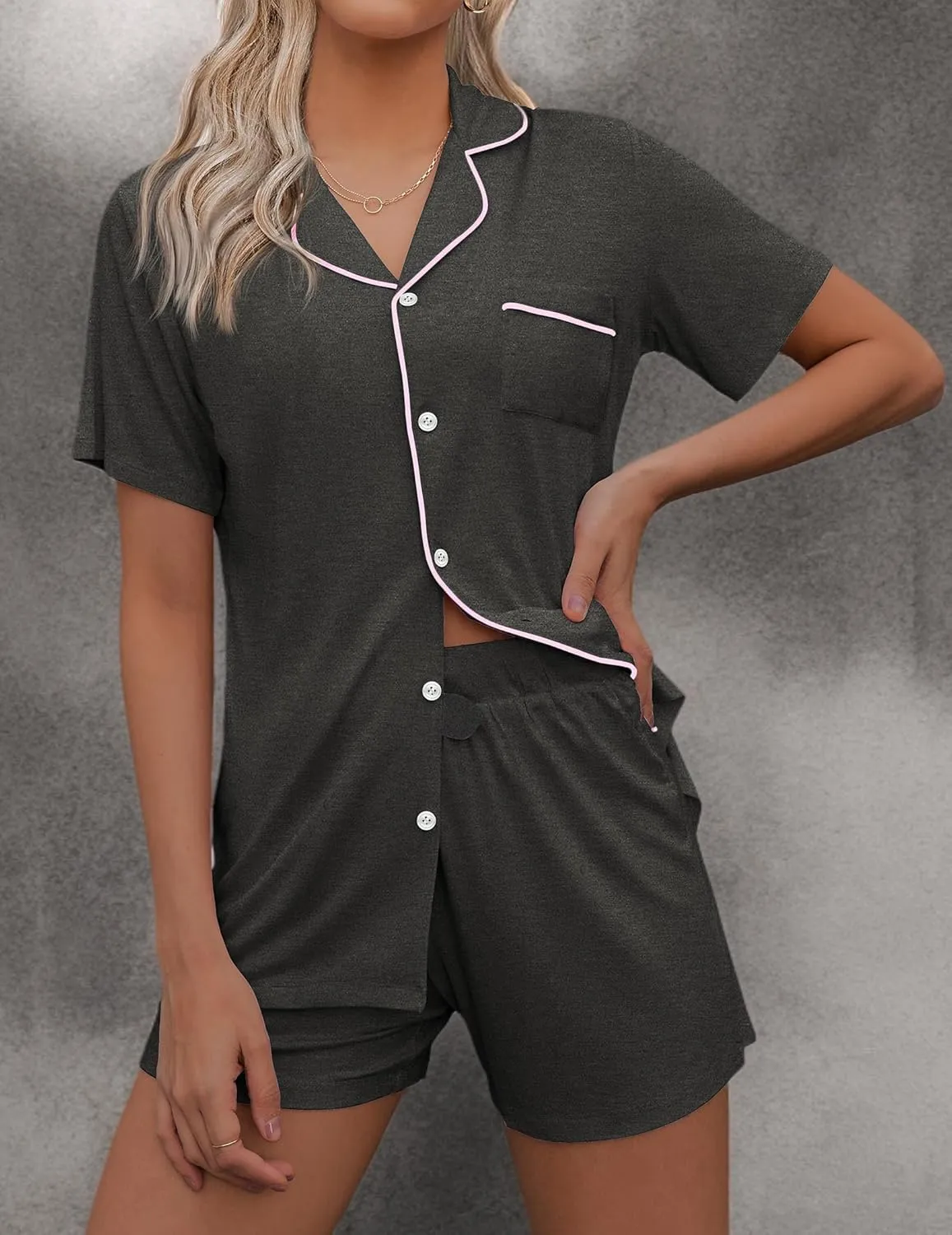 Ekouaer Pajamas Set for Women Short Sleeve Sleepwear Button Down Pjs Soft 2 Piece Lounge Sets