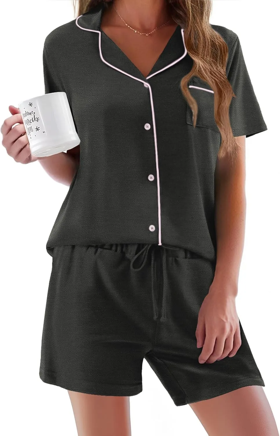 Ekouaer Pajamas Set for Women Short Sleeve Sleepwear Button Down Pjs Soft 2 Piece Lounge Sets