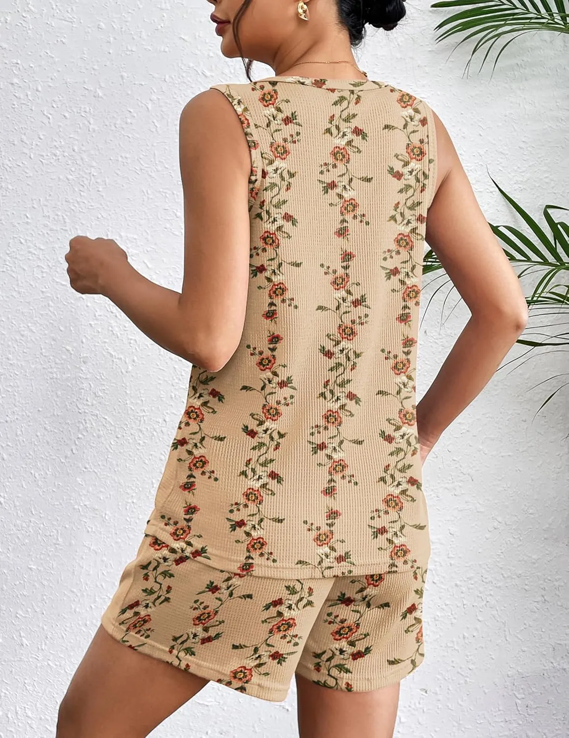 Ekouaer Pajamas Tank Top and Shorts Lounge Sets Waffle Knit V Neck Pj Short Sets Casual Outfits for Women