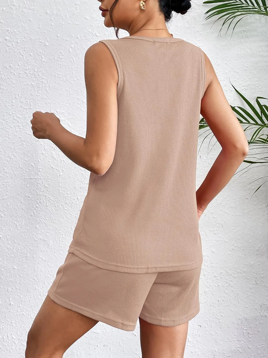 Ekouaer Pajamas Tank Top and Shorts Lounge Sets Waffle Knit V Neck Pj Short Sets Casual Outfits for Women