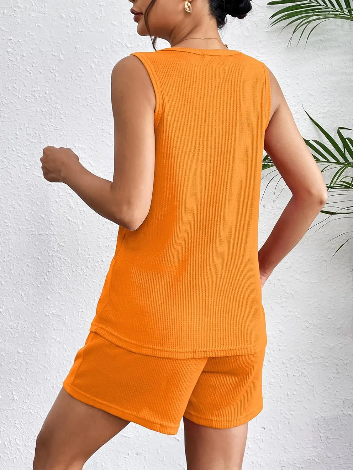 Ekouaer Pajamas Tank Top and Shorts Lounge Sets Waffle Knit V Neck Pj Short Sets Casual Outfits for Women