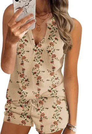 Ekouaer Pajamas Tank Top and Shorts Lounge Sets Waffle Knit V Neck Pj Short Sets Casual Outfits for Women