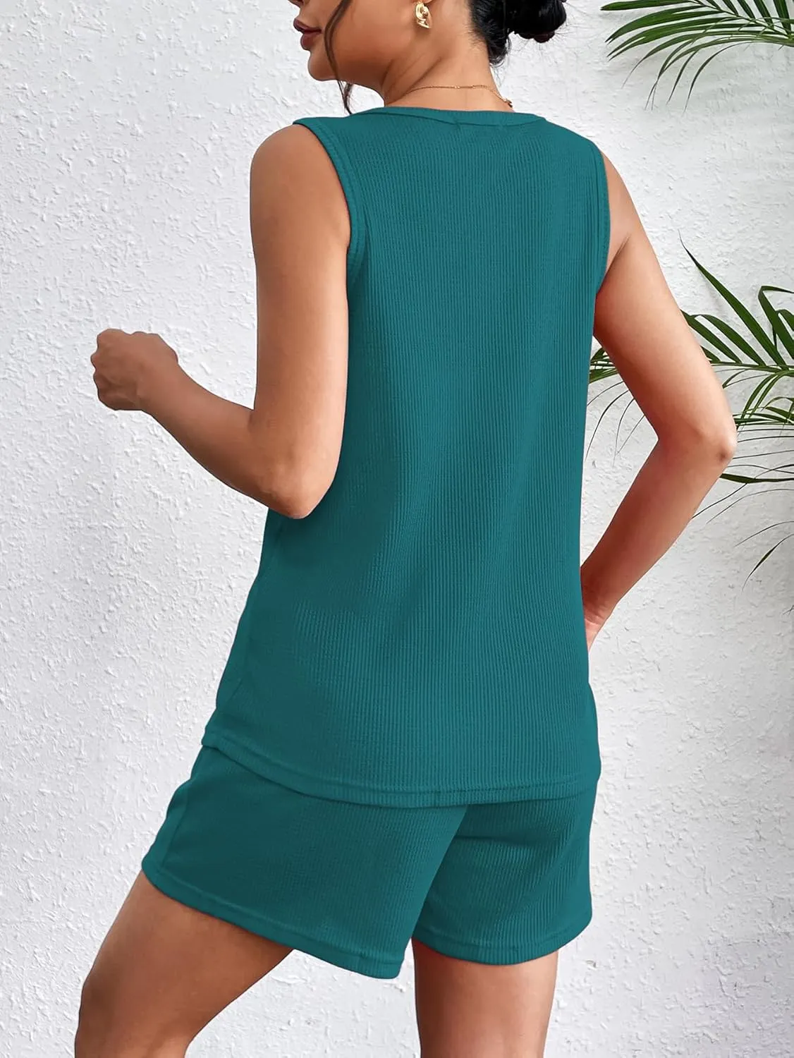Ekouaer Pajamas Tank Top and Shorts Lounge Sets Waffle Knit V Neck Pj Short Sets Casual Outfits for Women