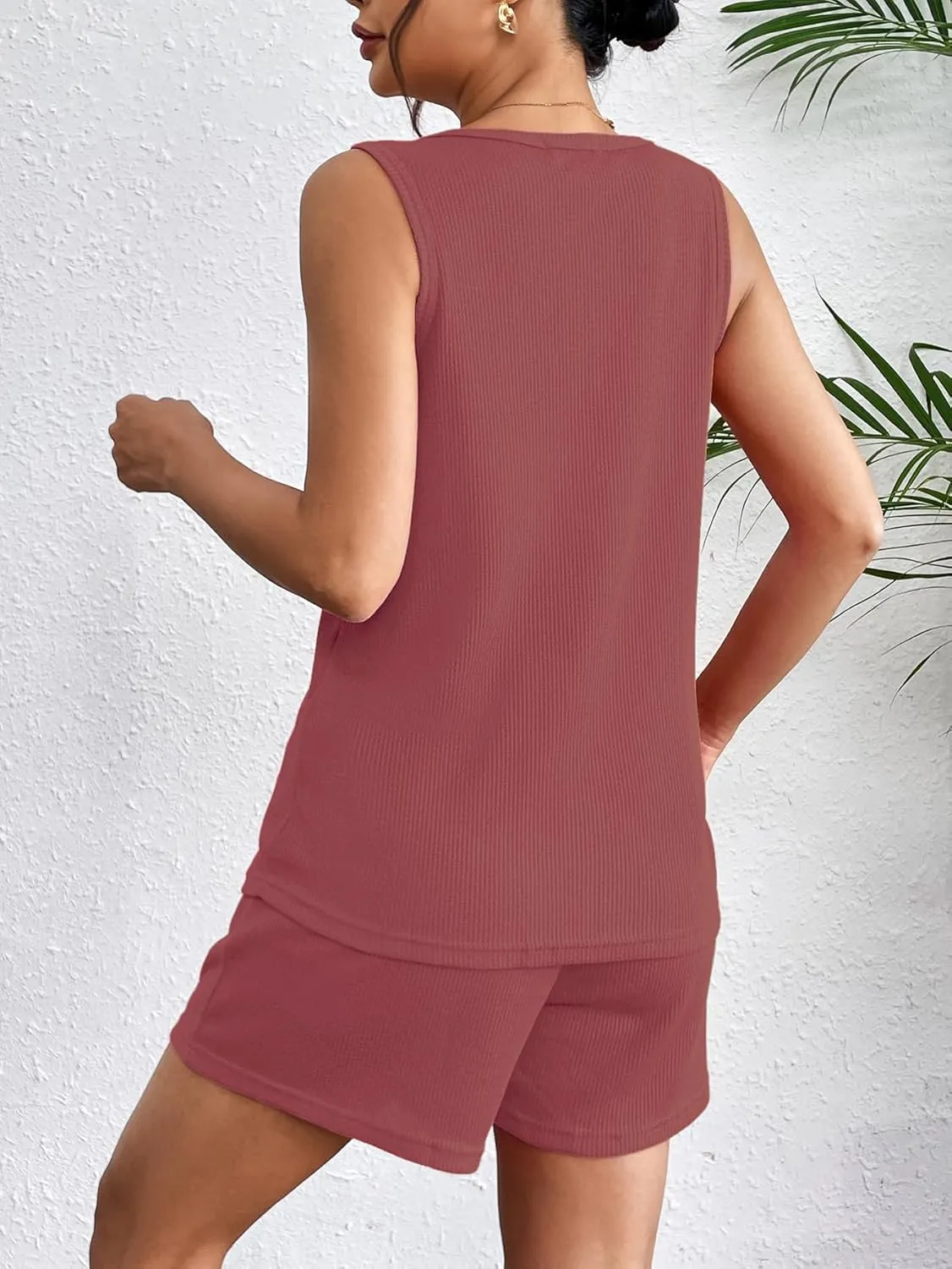 Ekouaer Pajamas Tank Top and Shorts Lounge Sets Waffle Knit V Neck Pj Short Sets Casual Outfits for Women