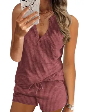 Ekouaer Pajamas Tank Top and Shorts Lounge Sets Waffle Knit V Neck Pj Short Sets Casual Outfits for Women