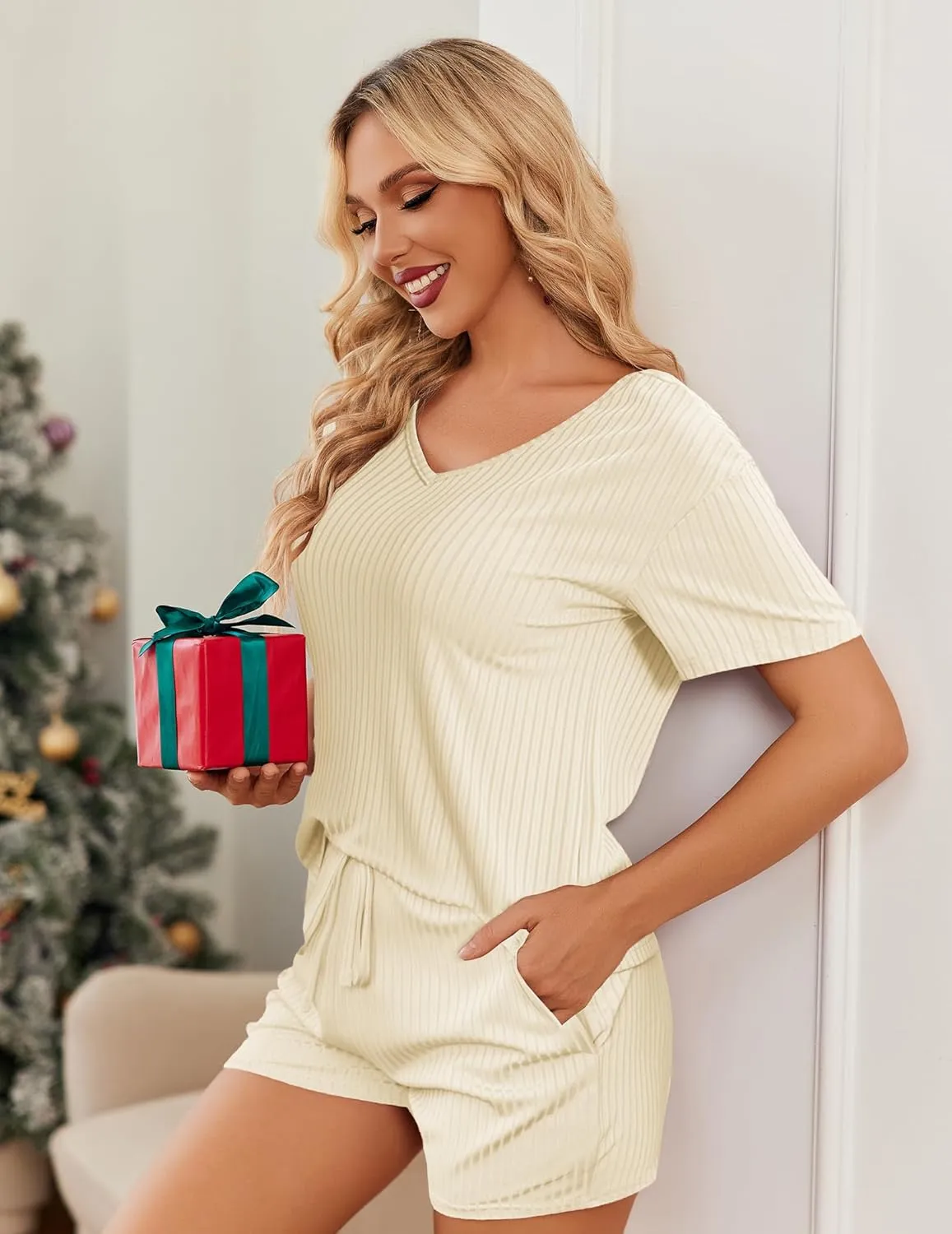 Ekouaer Womens 2 Piece Lounge Sets Summer Two Piece Outfits Ribbed Knit V Neck Short Sleeve Tee and Pockets Shorts Sets