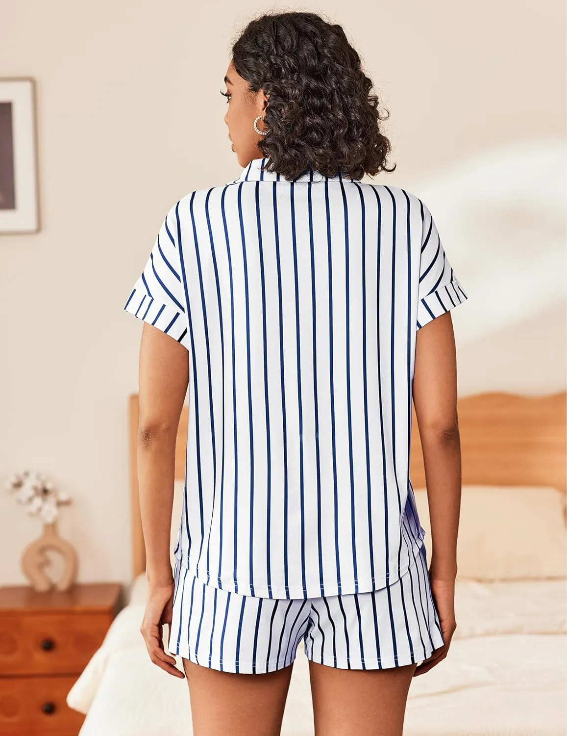 Ekouaer Womens Button Down Pajamas Set 2 Piece Sleepwear Short Sleeve Pjs Soft Stripe Lounge Sets