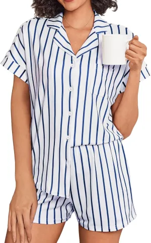 Ekouaer Womens Button Down Pajamas Set 2 Piece Sleepwear Short Sleeve Pjs Soft Stripe Lounge Sets