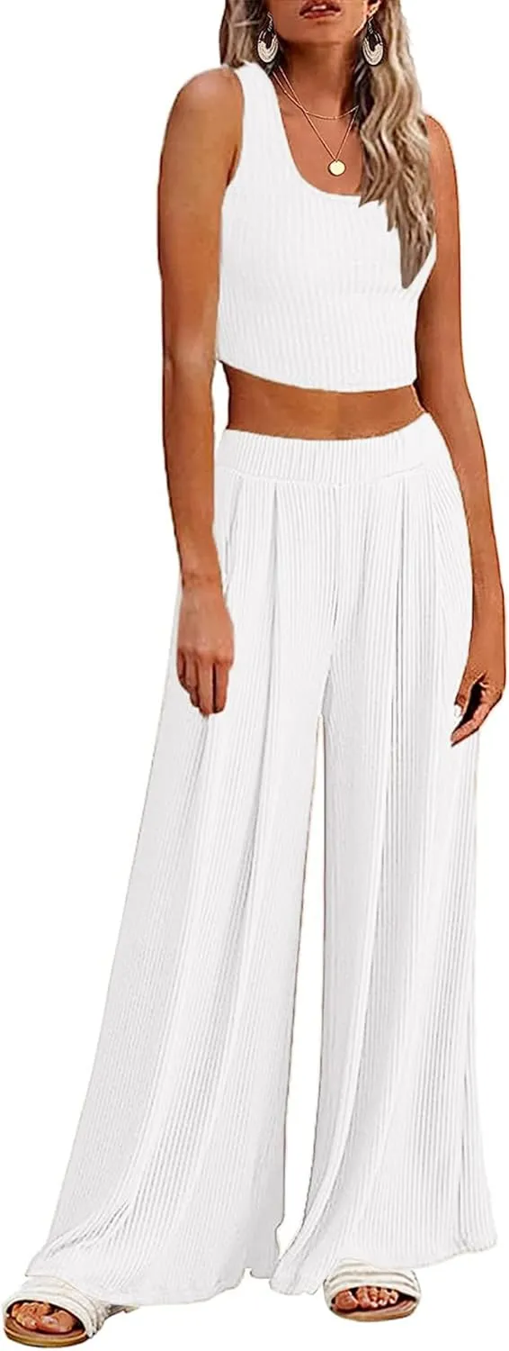 Ekouaer Women's Pajamas 2 Piece Lounge Set Ribbed Knit Loungewear Sleeveless Tank Top Wide Leg Pants