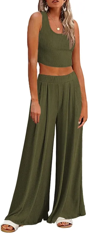 Ekouaer Women's Pajamas 2 Piece Lounge Set Ribbed Knit Loungewear Sleeveless Tank Top Wide Leg Pants