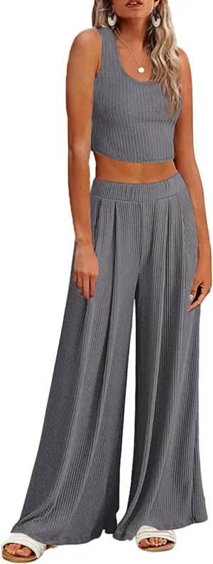 Ekouaer Women's Pajamas 2 Piece Lounge Set Ribbed Knit Loungewear Sleeveless Tank Top Wide Leg Pants